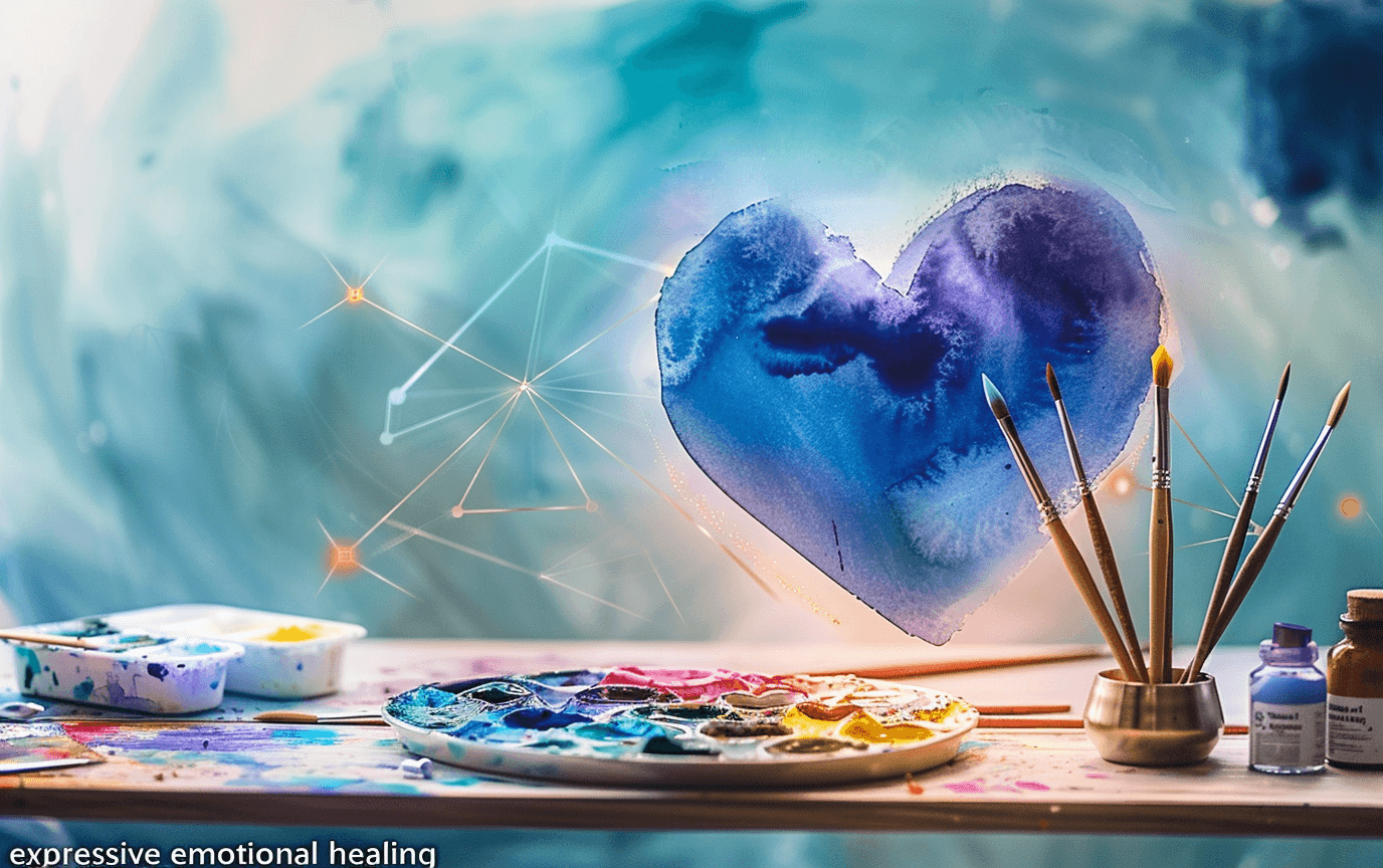 Calm expressive art scene with watercolor textures and luminous heart-centered color flow representing emotional release