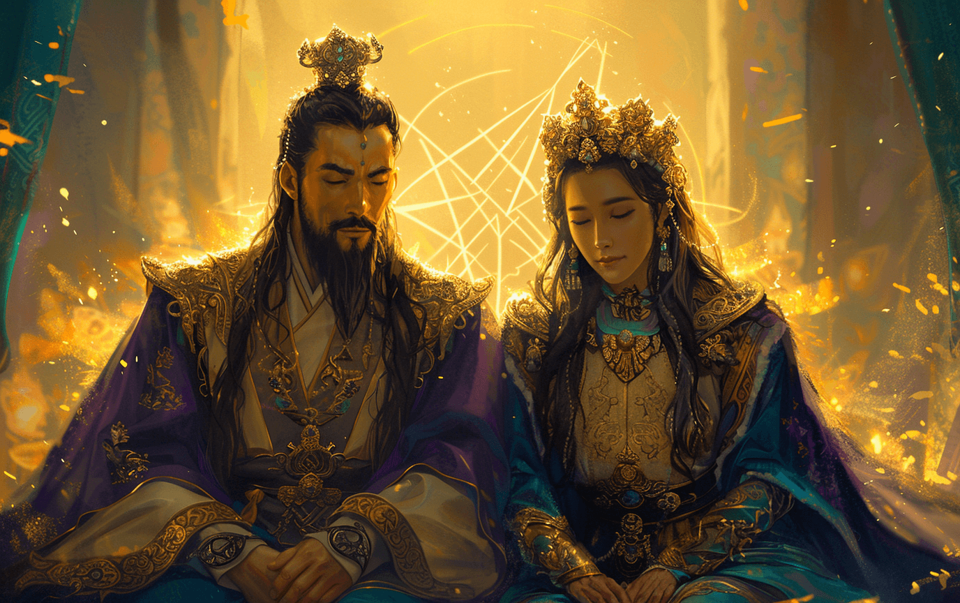 Majestic traditional king and queen archetype with warm golden aura symbolizing confidence and inner radiance