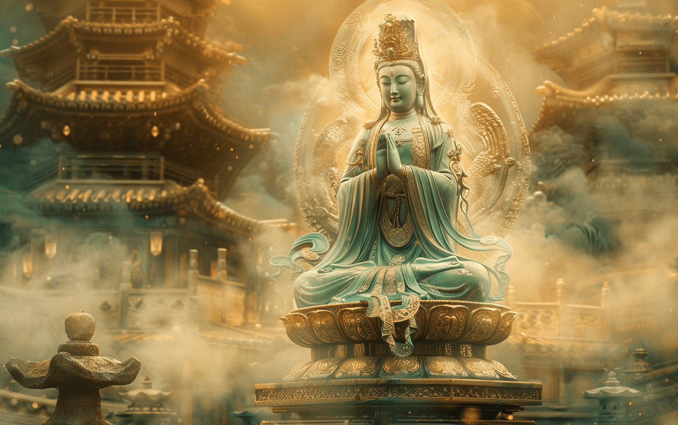 Goddess Quan Yin with soft golden heart light and lotus symbolism representing compassion and emotional healing