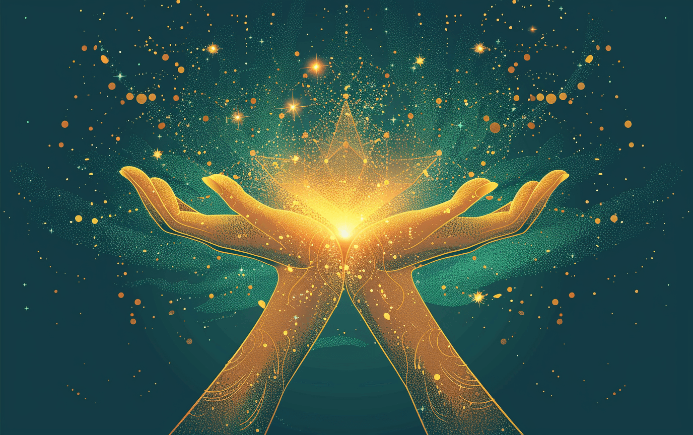 Reiki healing hands with golden light and sacred geometry symbolizing restoration and divine support